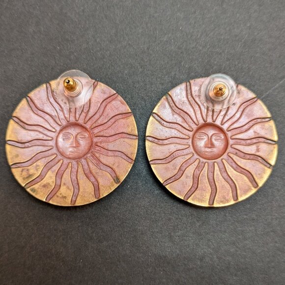 VTG 70s Big Sun Face Brass Earrings Boho Whimsigoth Celestial Mystic Statement - Picture 3 of 3